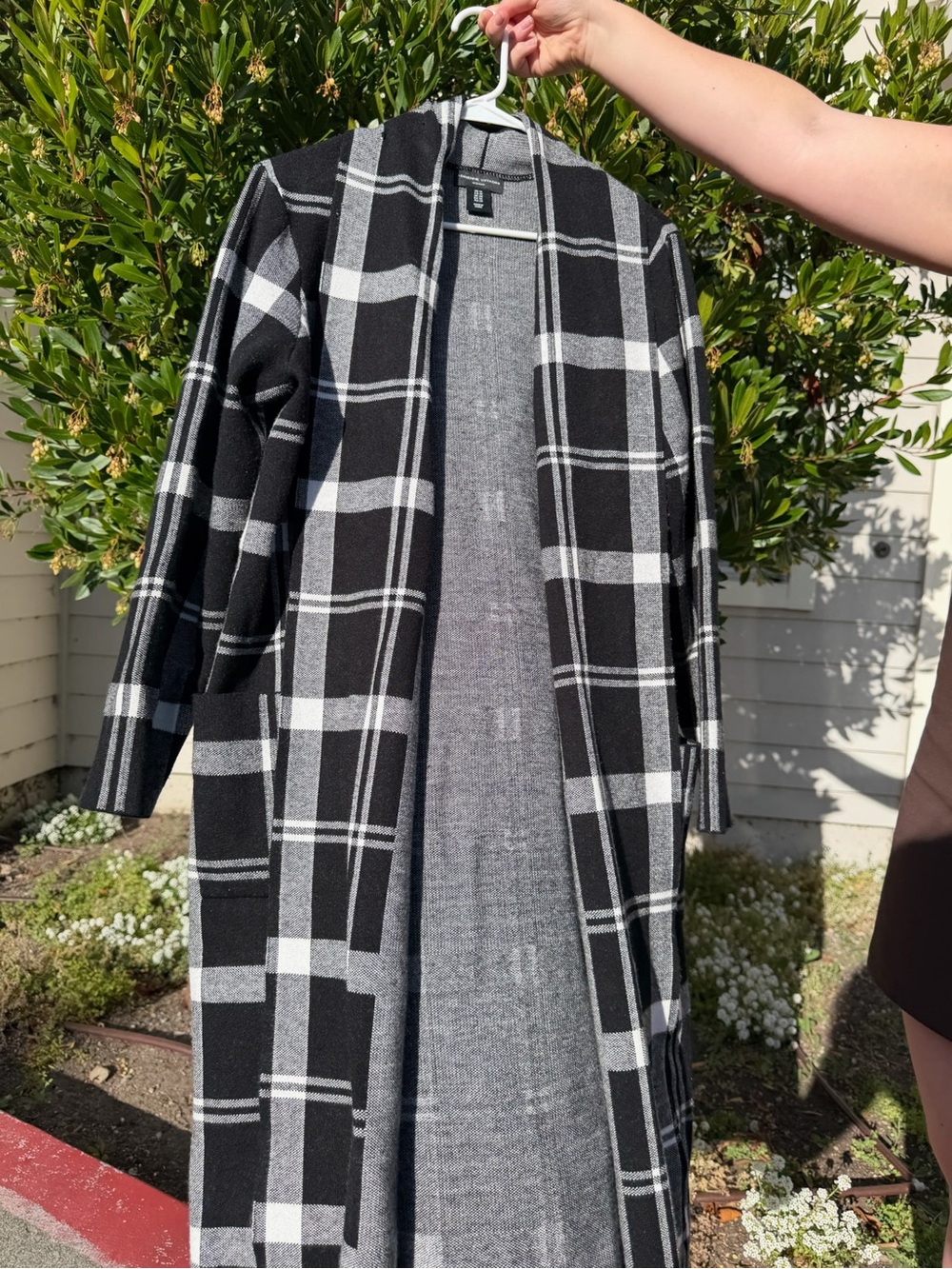 Adrienne Vittadini Black & Gray Plaid Long Open-Front Trench Coat